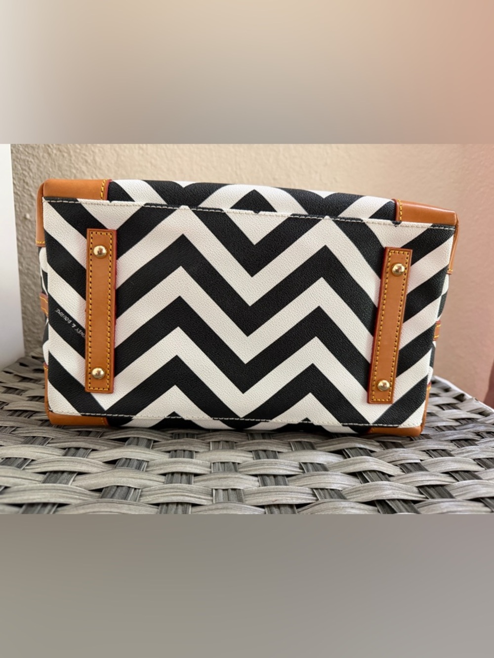 Dooney & Bourke Black & White Chevron Top Handle Satchel - Tan Leather Trim - Picture 6 of 14